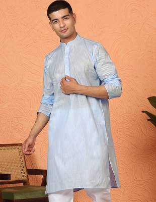 Cotton stripe knee length blue kurta 1