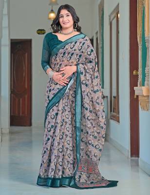 teal grey cotton blend saree with floral print 1