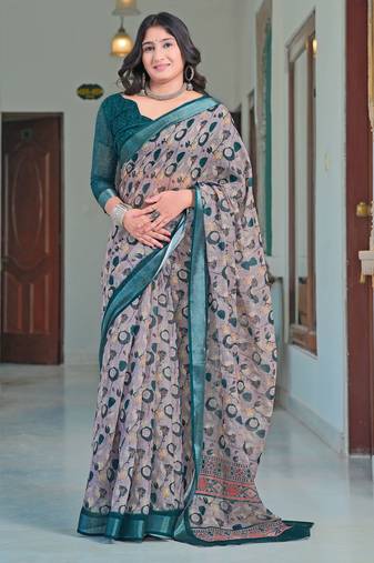 teal grey cotton blend saree with floral print