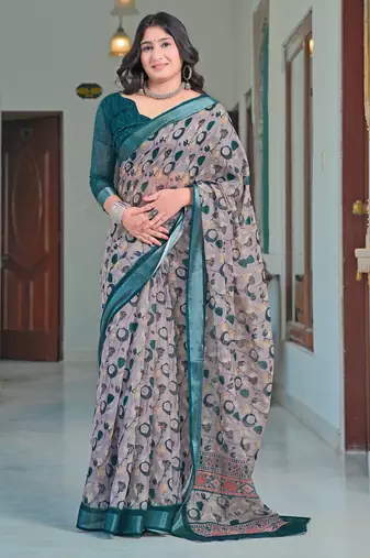 teal grey cotton blend saree with floral print