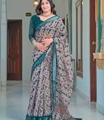 teal grey cotton blend saree with floral print