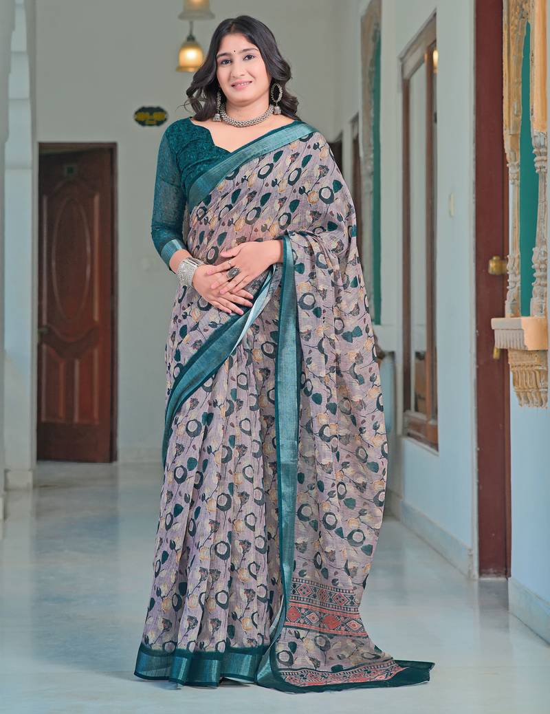 teal grey cotton blend saree with floral print
