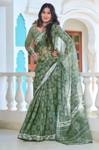 green cotton blend saree with floral print