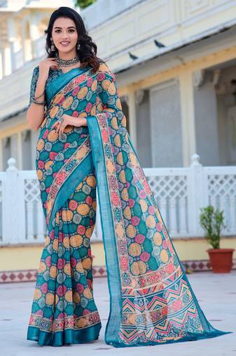 teal cotton blend saree with floral print