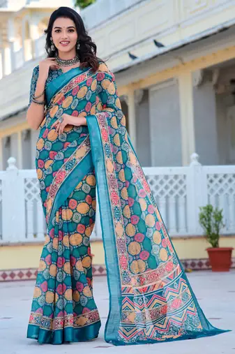 teal cotton blend saree with floral print