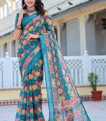 teal cotton blend saree with floral print