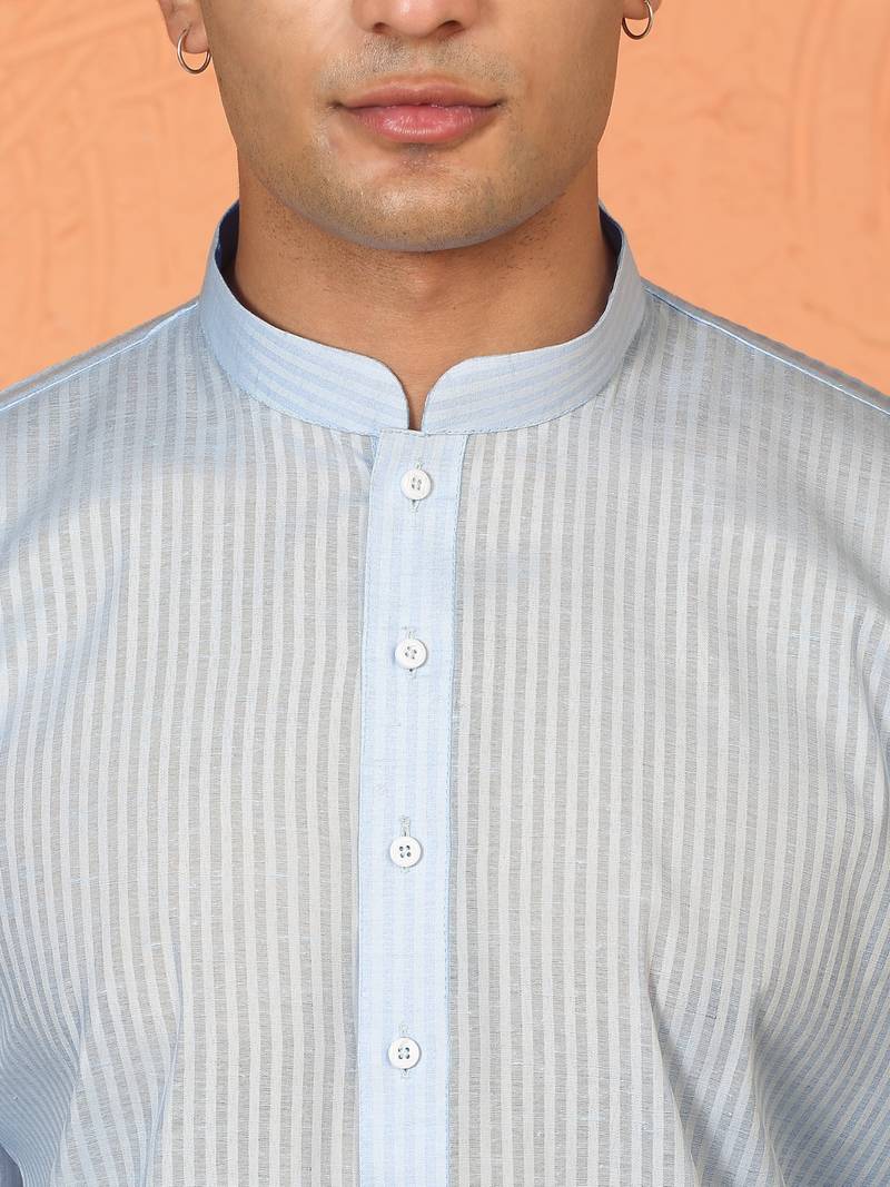 Cotton stripe knee length blue kurta