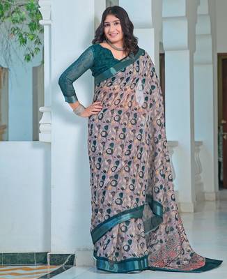 teal grey cotton blend saree with floral print 2