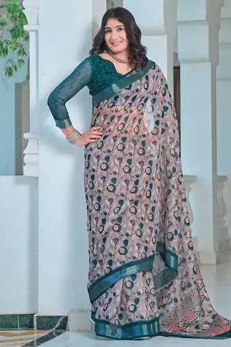 teal grey cotton blend saree with floral print