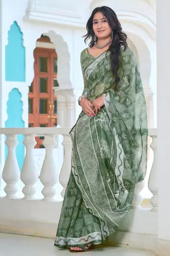 green cotton blend saree with floral print
