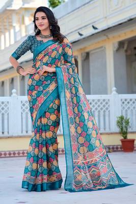 teal cotton blend saree with floral print 2