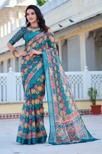 teal cotton blend saree with floral print