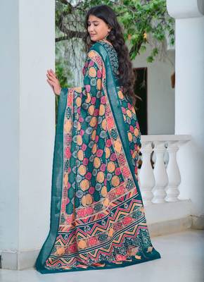 teal cotton blend digital print saree (sfcl536) 5