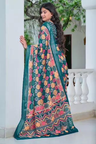 teal cotton blend digital print saree
