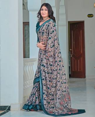 teal grey cotton blend saree with floral print 3