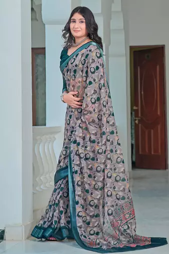 teal grey cotton blend saree with floral print