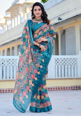 teal cotton blend saree with floral print 3