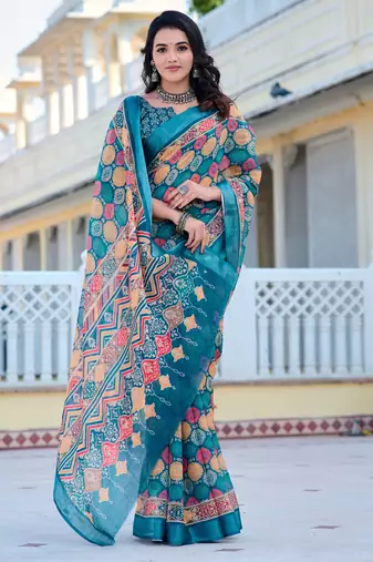 teal cotton blend saree with floral print