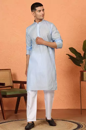 Cotton stripe knee length blue kurta