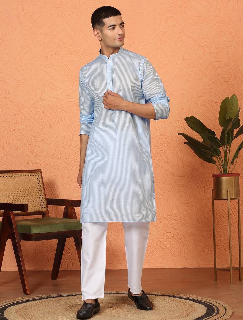 Cotton stripe knee length blue kurta