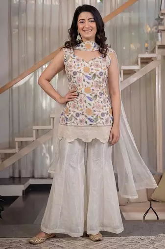 White floral embroidered kurta palazzo set with dupatta
