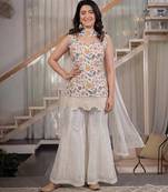 White floral embroidered kurta palazzo set with dupatta