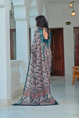 teal grey cotton blend saree with floral print 4
