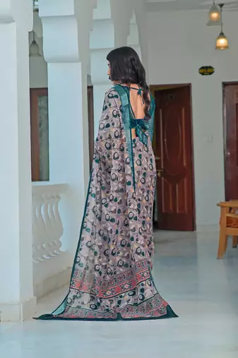 teal grey cotton blend saree with floral print