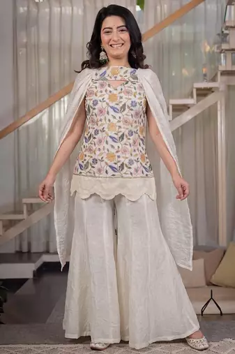 White floral embroidered kurta palazzo set with dupatta