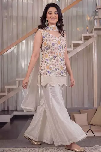 White floral embroidered kurta palazzo set with dupatta