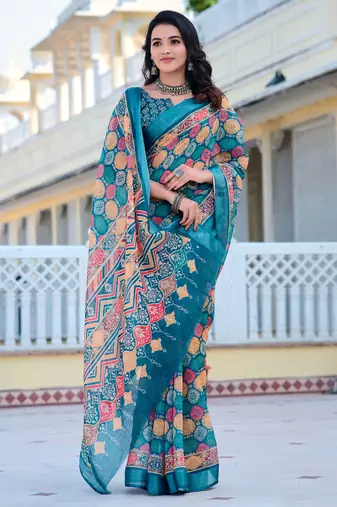 teal cotton blend saree with floral print