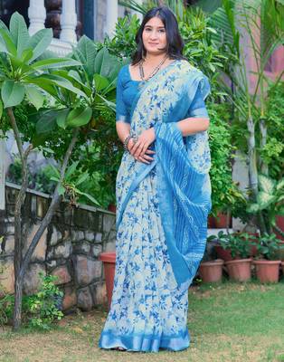 sky blue cotton blend digital print saree 1