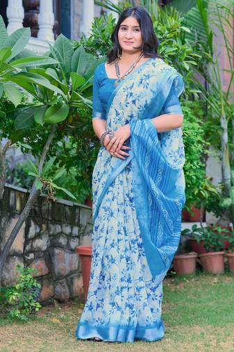 sky blue cotton blend digital print saree
