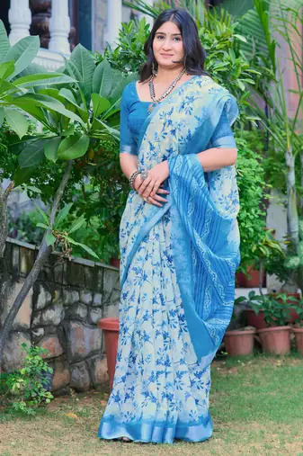 sky blue cotton blend digital print saree