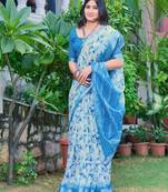 sky blue cotton blend digital print saree