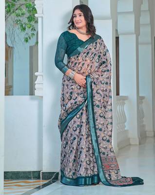 teal grey cotton blend saree with floral print 5