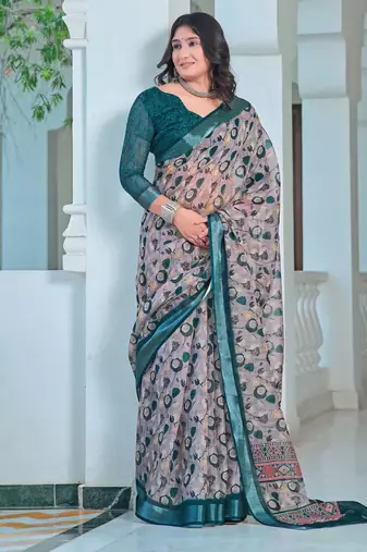 teal grey cotton blend saree with floral print