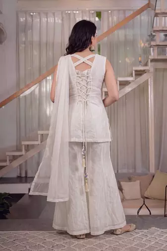 White floral embroidered kurta palazzo set with dupatta