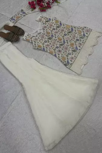 White floral embroidered kurta palazzo set with dupatta