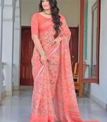 peach cotton blend saree floral print