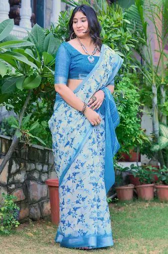 sky blue cotton blend digital print saree