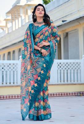 teal cotton blend saree with floral print 5