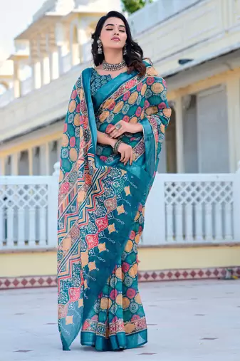 teal cotton blend saree with floral print