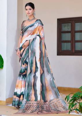 white multicolor cotton blend saree abstract print 1