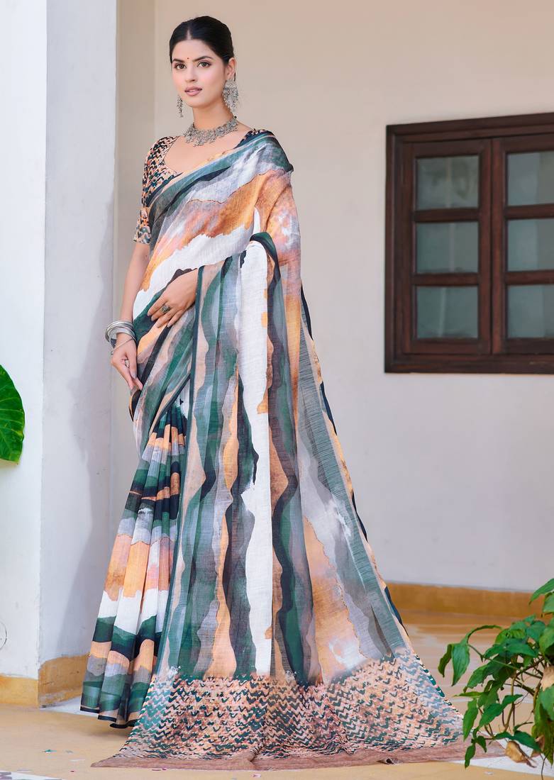 white multicolor cotton blend saree abstract print