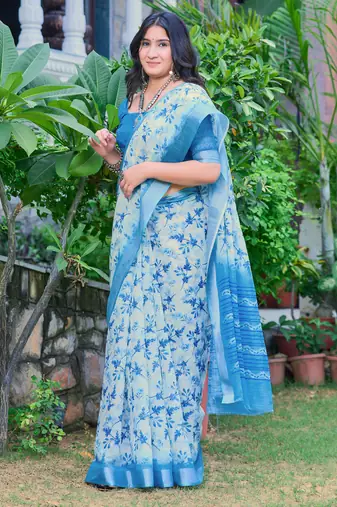 sky blue cotton blend digital print saree
