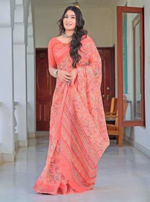 peach cotton blend saree floral print 2