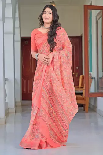 peach cotton blend saree floral print