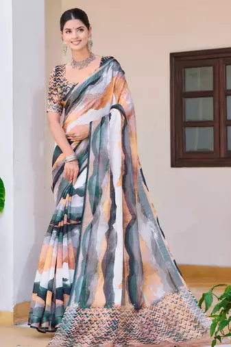 white multicolor cotton blend saree abstract print