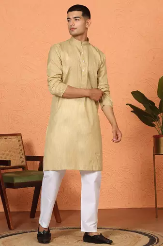 Cotton stripe knee length green kurta